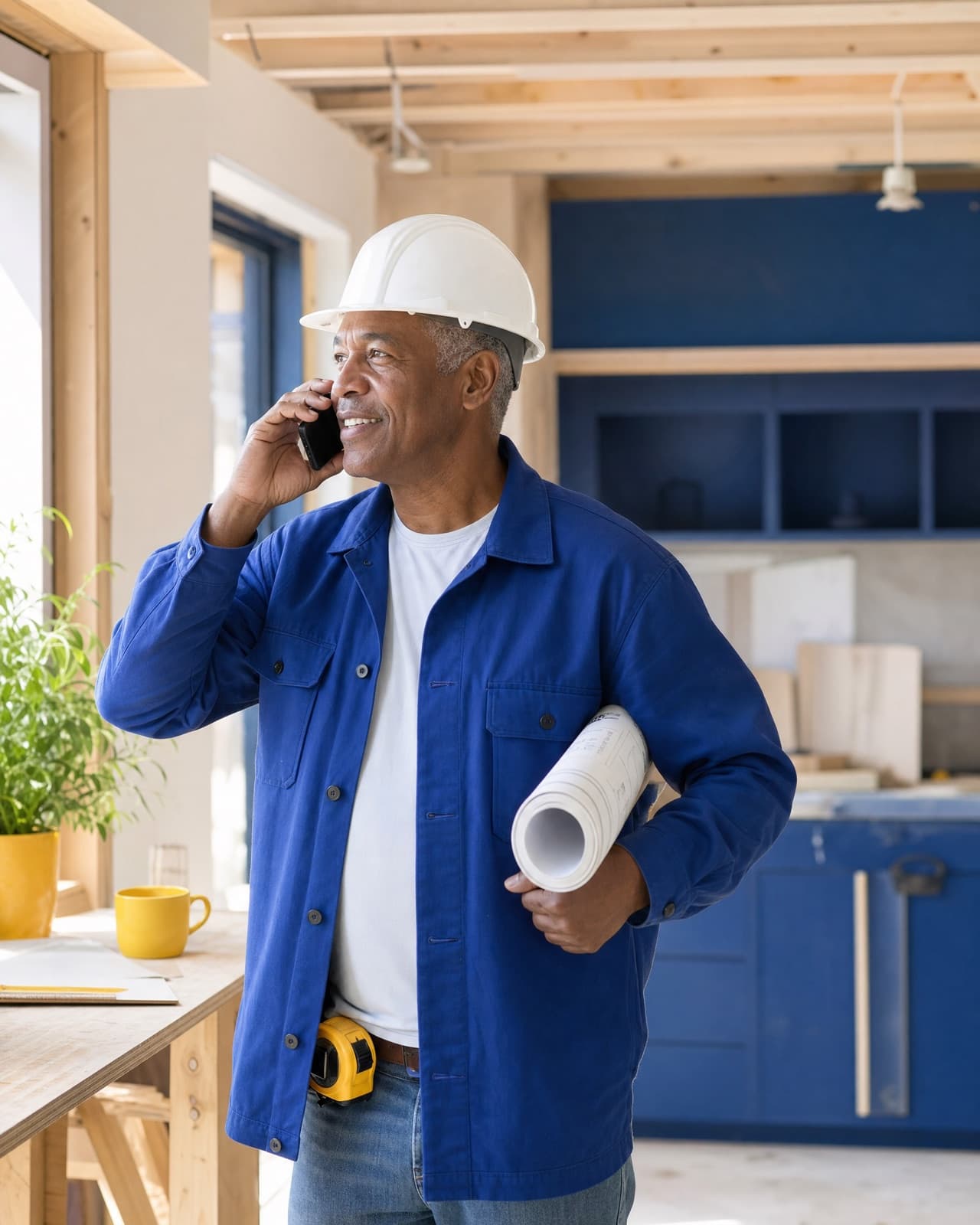 A contractor in a hard hat on a phone call at a job site
