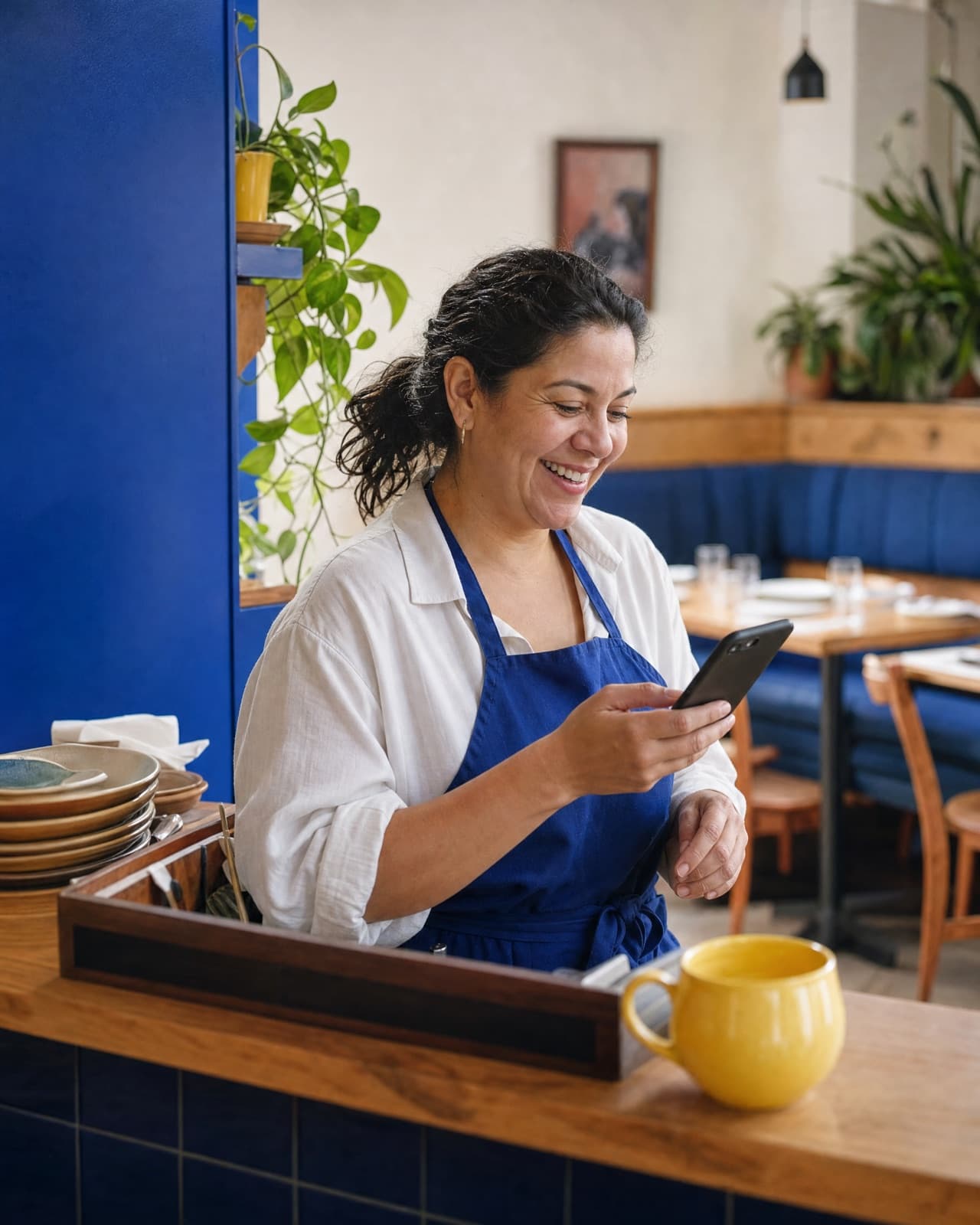 A restaurant owner smiling at her phone behind the counter